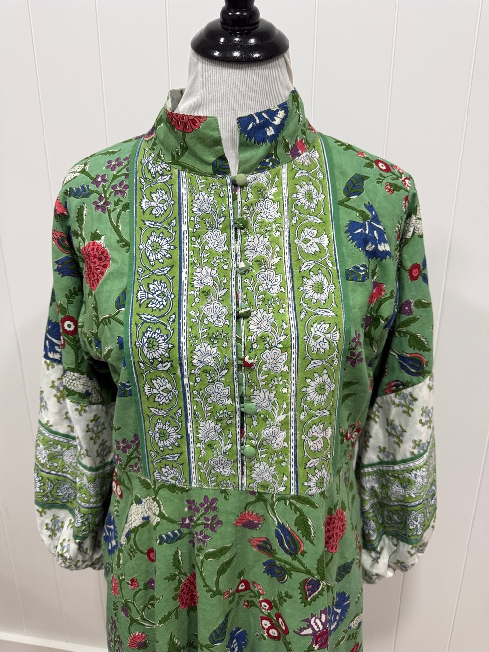 Boho Floral Green Maxi Dress with Band Collar - Picture 2 of 6